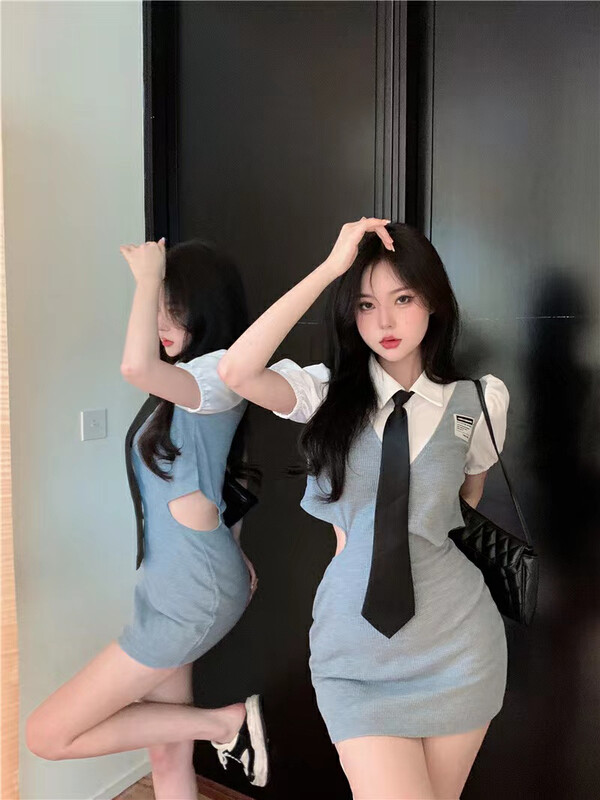 [Fanfan] college style color contrast mosaic dress (with tie) 8007\zxx