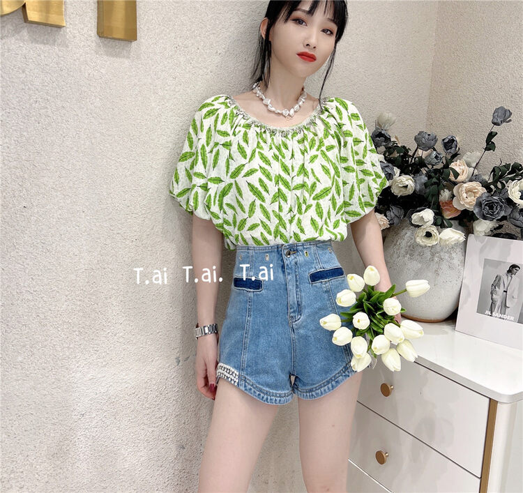 [t.ai] fresh off shoulder print temperament blouse 10202# zxx