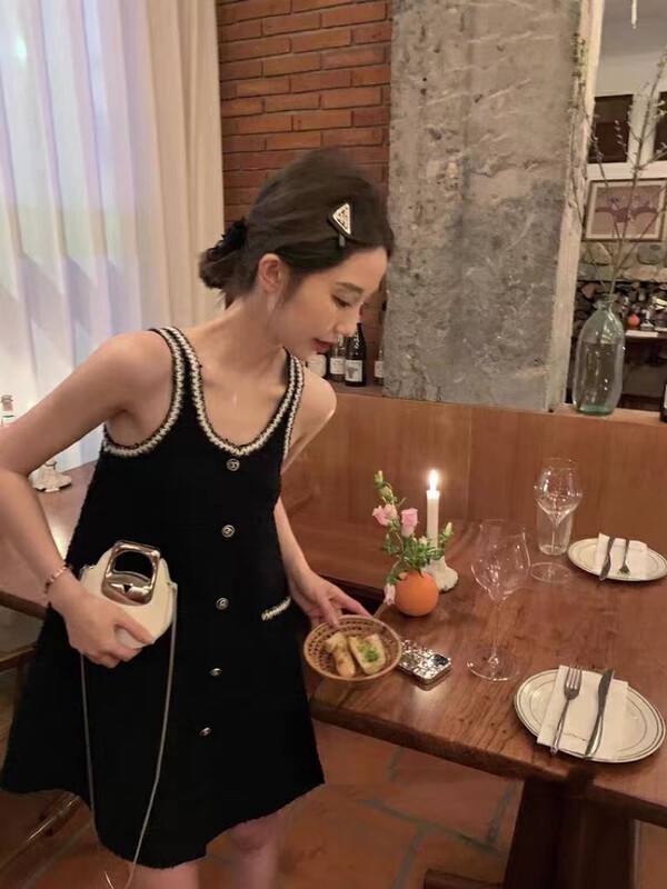 [I do do do] small fragrance textured breasted vest dress 6085# JJ