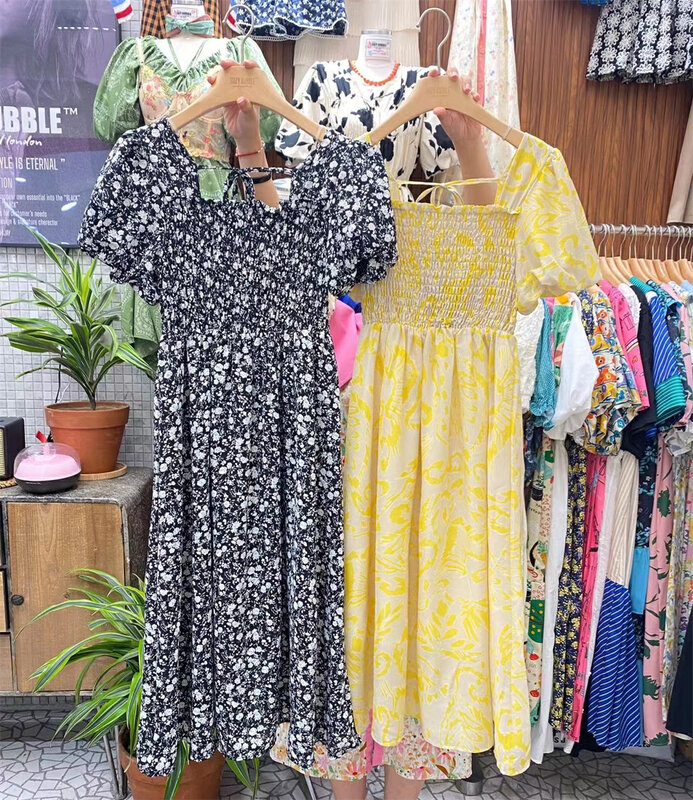[suzybubble] French retro square neck bubble sleeve floral waist dress 9131\wpl