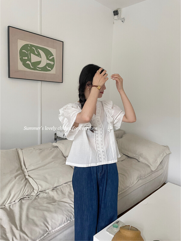 【 love 】 temperament lace lace lace splicing V-neck small fly sleeve lace shirt s1891\fhx