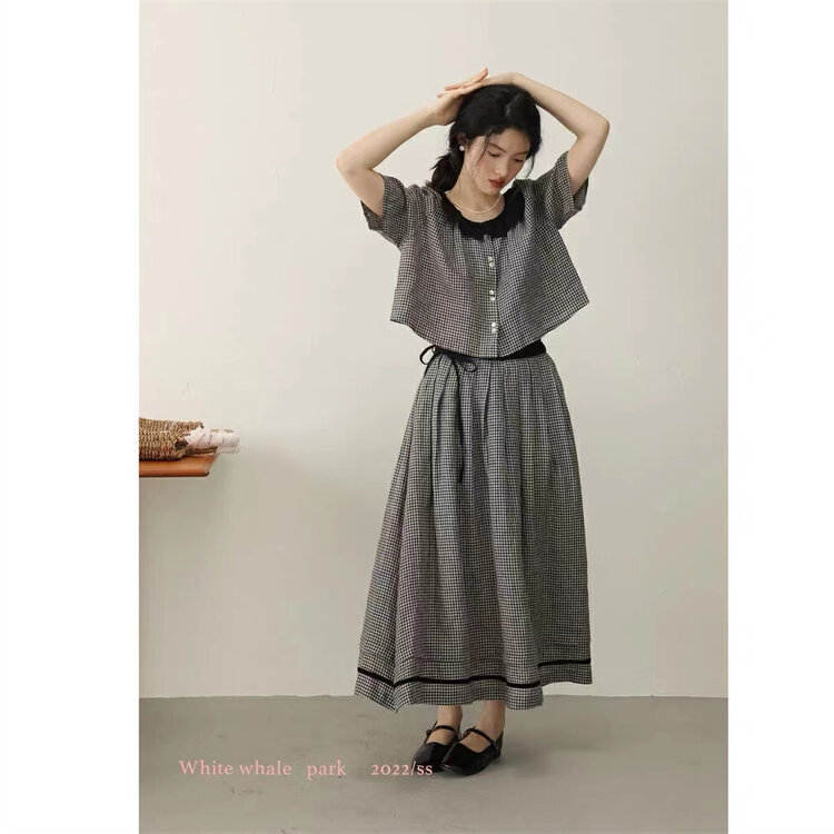 [zicci] French retro contrast shirt + lace up waist skirt set 106707\hyy