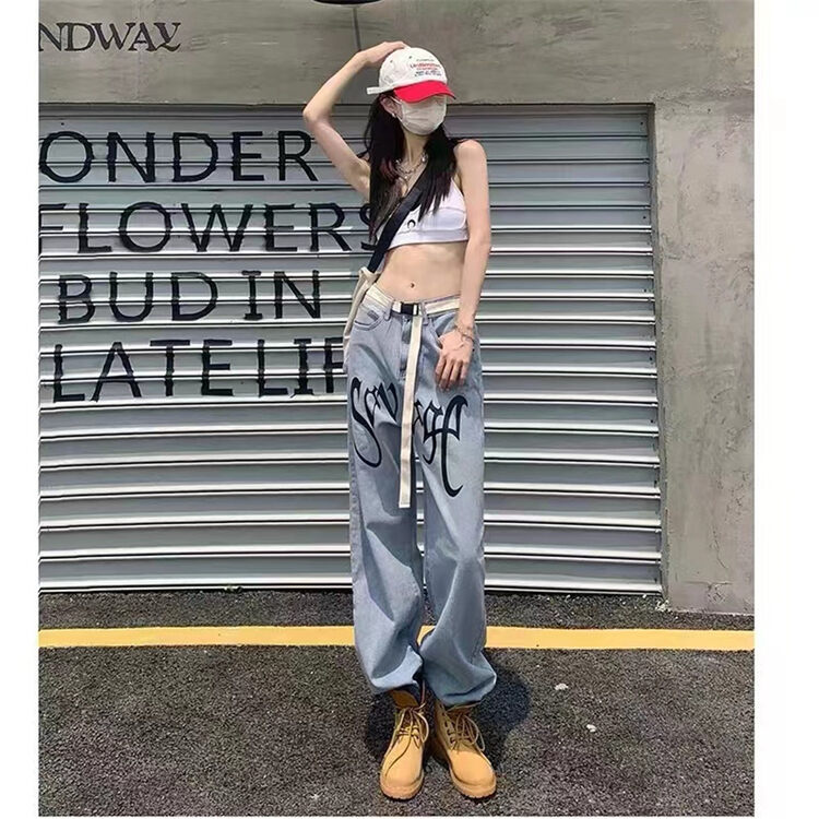 [o not 1] alphabet printing fashion ins style retro straight jeans (with waist rope) n252# LSW