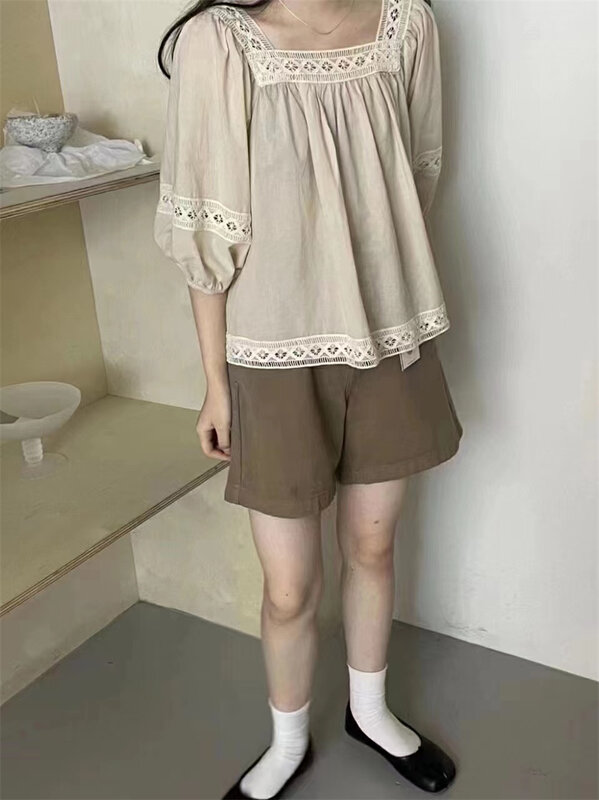 [suzybubble] Vintage jacquard square neck loose shirt ys1-8955\wpl