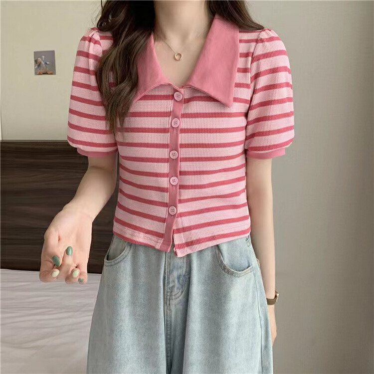 [Fanfan] Korean color contrast striped bubble sleeve button down Lapel short sleeve T-shirt 263\zxx