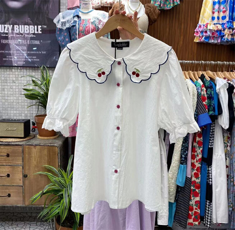 [suzybubble] fresh and simple doll neck cherry embroidered short sleeve shirt ys2-613# WPL