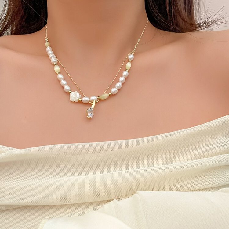 [inside] French retro freshwater pearl drop Zircon Pendant short necklace x3349# zxl