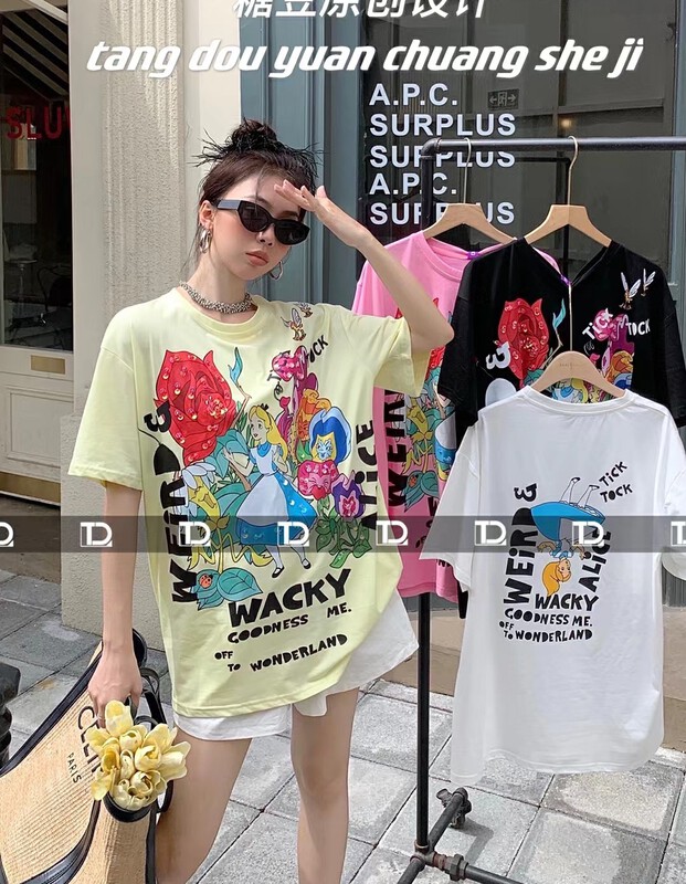 [tangdou original] heavy industry Sequin letter printed Pullover short sleeve T-shirt 9812\wtt