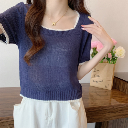 Real shooting and real price summer Korean version French square neck thin color contrast design sense knitted short sleeve women's T-Shirt Top