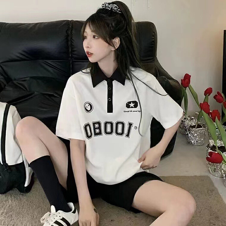 [j.2] letter Polo neck loose Casual Short Sleeve T-shirt 2239\lsw