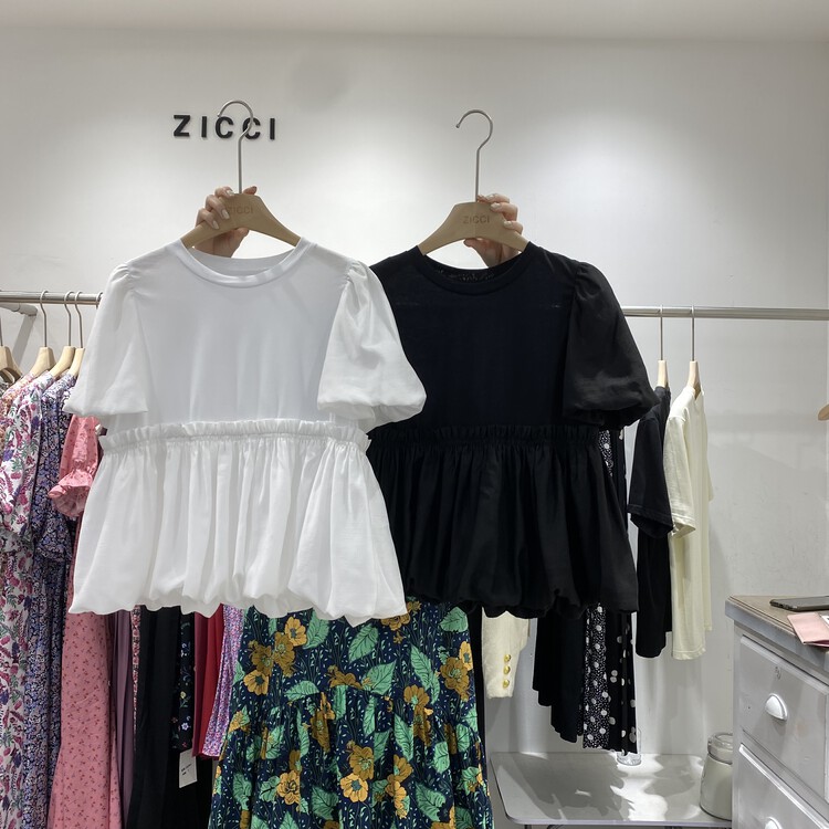 [zicci] patchwork puffy design round neck short sleeve shirt ys1-8882\hyy