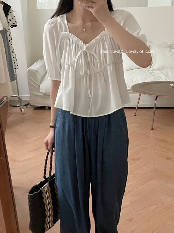 [love] temperament aging square neck thin bubble sleeve shirt s1663# HBx