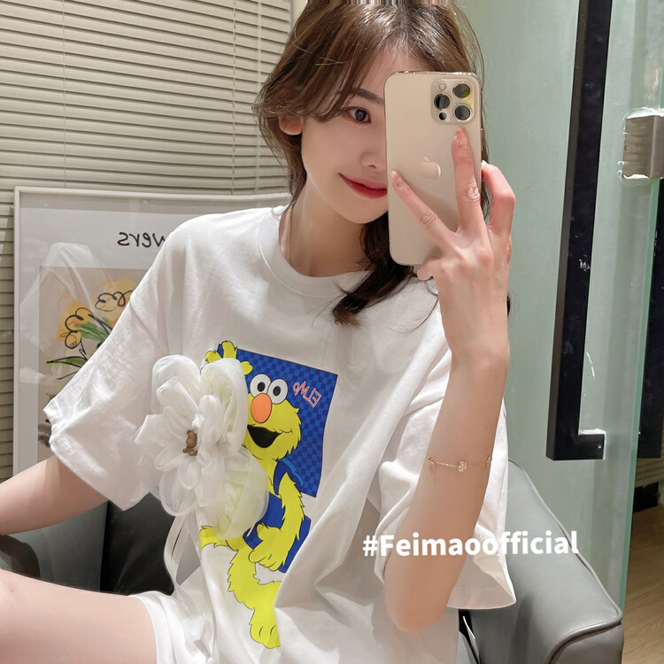 New in early summer! [Feimao Philippine cat] pattern printed Korean Short Sleeve T-shirt (with removable decoration) ym-7106\lsl