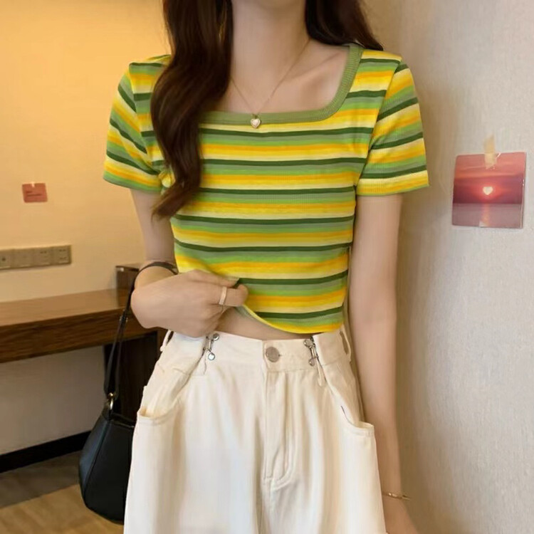 [Fanfan] design sense contrast color striped square neck short sleeved T-shirt 275 \zxx