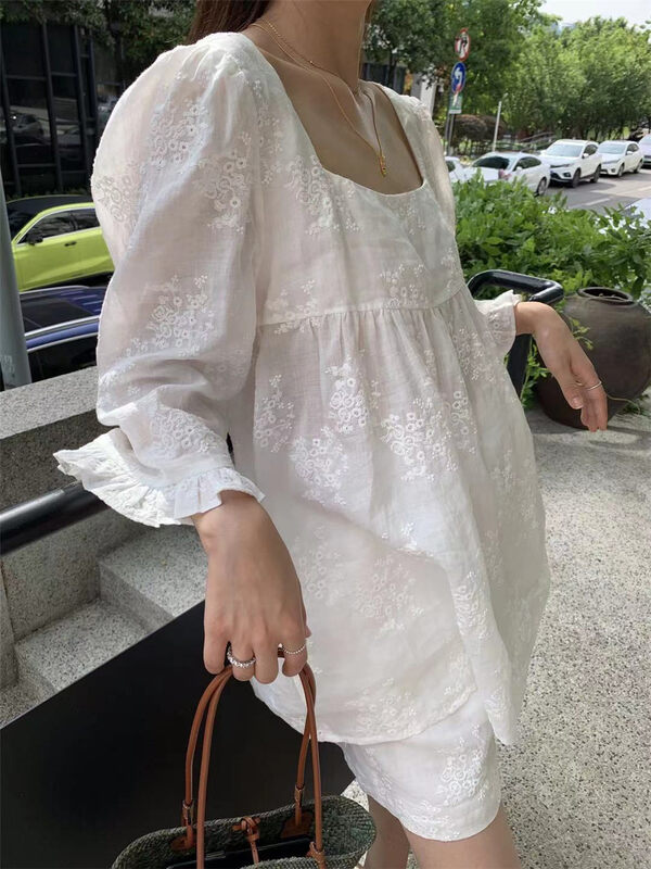 [good day] Korean style versatile lace up blouse + elastic casual Shorts Set 3326# CSX