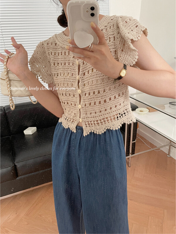 [love] niche design hollowed out and thin lace hook flower short lace shirt s1893\fhx