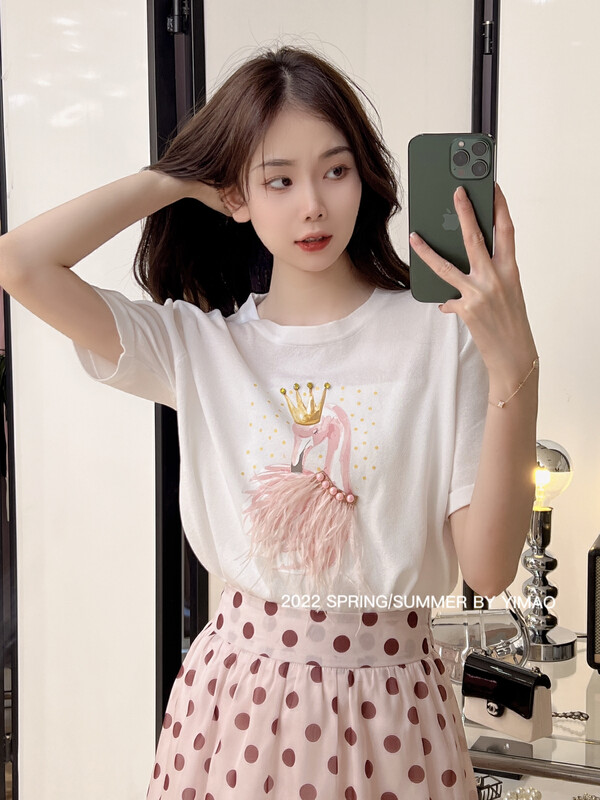 Original price 55.27! [Feimao (Yimao)] Korean round neck printed short sleeve T-shirt ym-4075\lsl