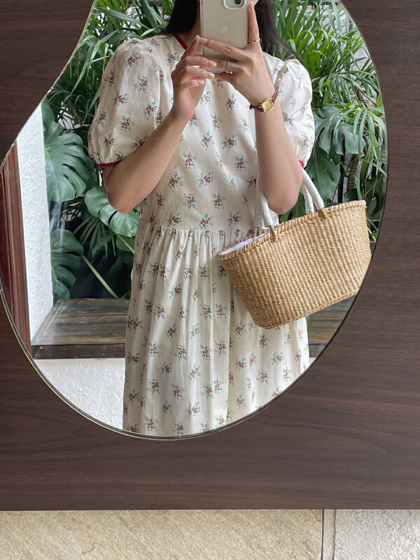 [love] sweet French waist closing thin floral bubble sleeve dress s1083 \hbx