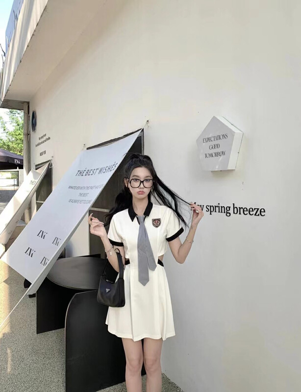 [Hello Miss] fashion waist closing color matching dress (with tie) 6292\pcz