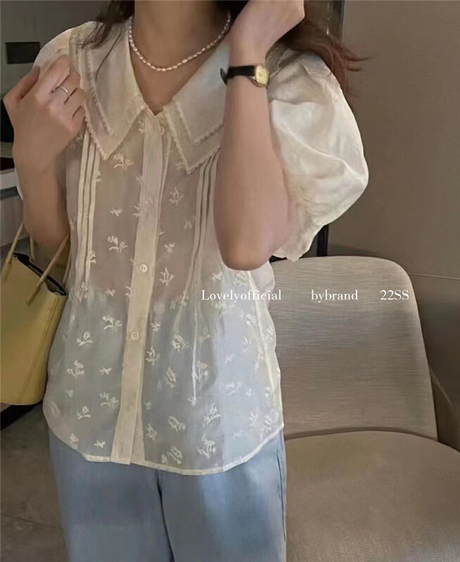 [love] Korean style gentle retro French heavy industry embroidery lace blouse s1613\hbx