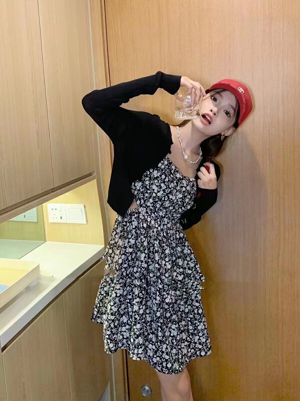 [Sumi] simple Korean sunscreen shirt + floral dress suit 22170\zjy