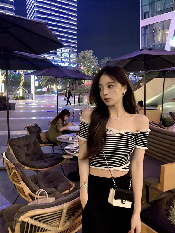 [Fanfan] sexy stripe wood ear edge straight neck short sleeve T-shirt 0062\zxx