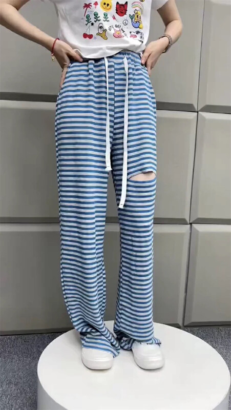 [x2] striped hole draped wide leg casual pants 8871-1# LSL