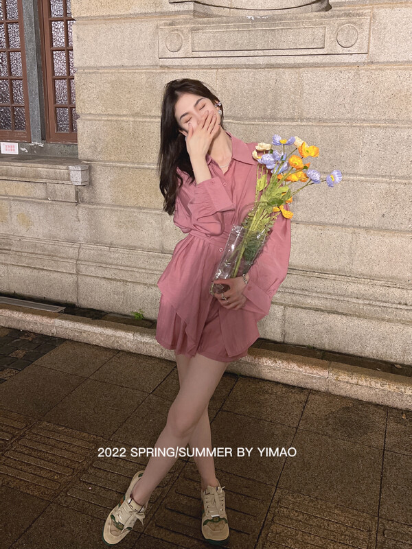 [Feimao (Yimao)] simple solid color loose chiffon shirt + casual shorts two piece suit ym-7849\lsl