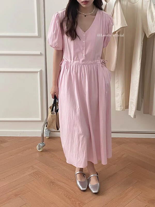 【 love 】 temperament drawstring waist V-neck bubble sleeve dress s1328\hbx