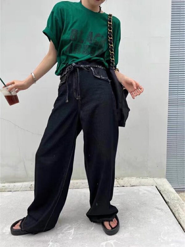 [o not 1] Vintage wide leg design high waist jeans (with waist rope) n234\lsw