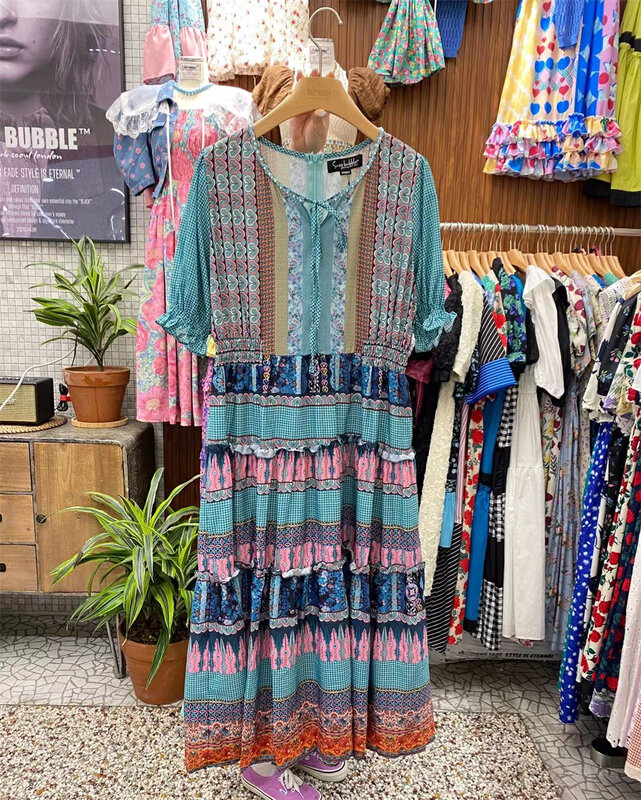 [suzybubble] Vintage round neck print contrast loose dress 535\wpl