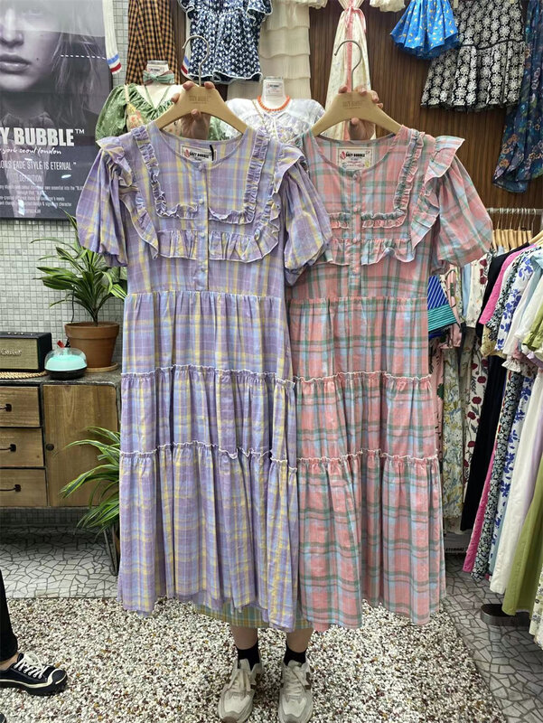 Original price 123.95! [suzybubble] summer Korean sweet checkered fungus edge dress 768\wpl