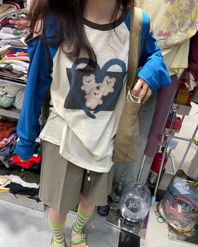 [chuu] round neck print off shoulder casual long sleeved T-shirt 1133# HBx