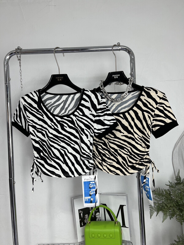 [Fanfan] summer 2022 new style retro contrast casual drawstring niche zebra short sleeve T-shirt (T-shirt only) 0122\zxx