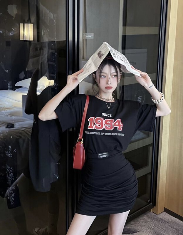 [Fanfan] letter printed short sleeve T-shirt + slim skirt set 8010\zxx