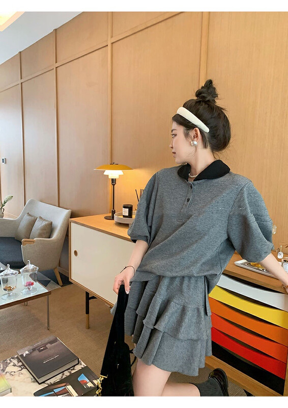 [I do do] simple and loose blouse + elastic waist versatile skirt suit 6087\jj