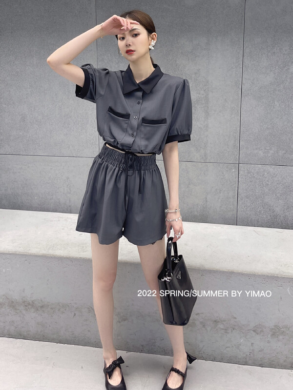 [Fei Mao] commuter style color blocked bubble sleeve short shirt + high waist slim casual Shorts Set z-4210\lsl