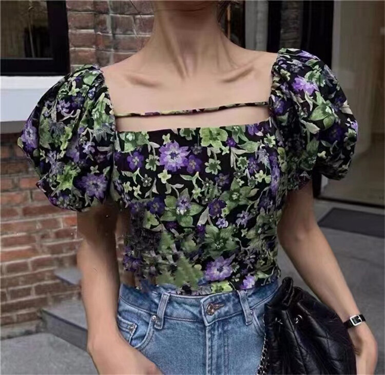 [suzybubble] retro square neck bubble sleeve floral dew back shirt 629\wpl