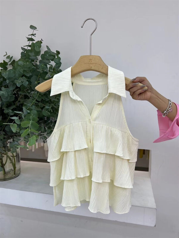 [VI. Liu Liu] solid color breasted pleated shirt 60550c# zxl