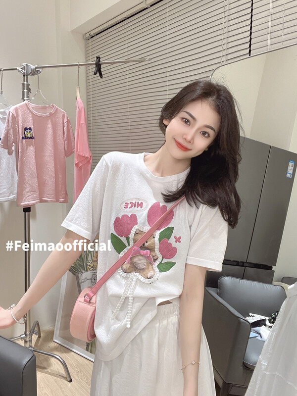Original price 66.55! [Feimao (Yimao)] heavy industry cartoon casual loose short sleeve T-shirt ym-7726\lsl