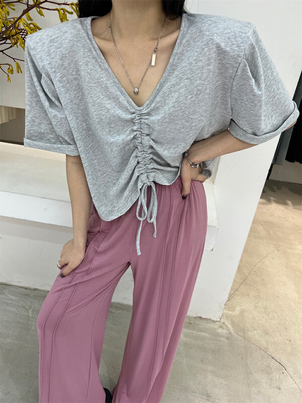 [vi.liu Liu] lace up drawcord shoulder pad design slim short sleeve T-shirt 60637\zxl