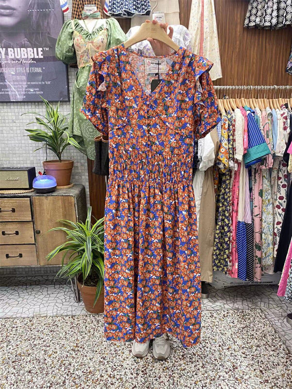 Original price 108.99! [suzybubble] Vintage V-neck floral medium length dress 7321# WPL
