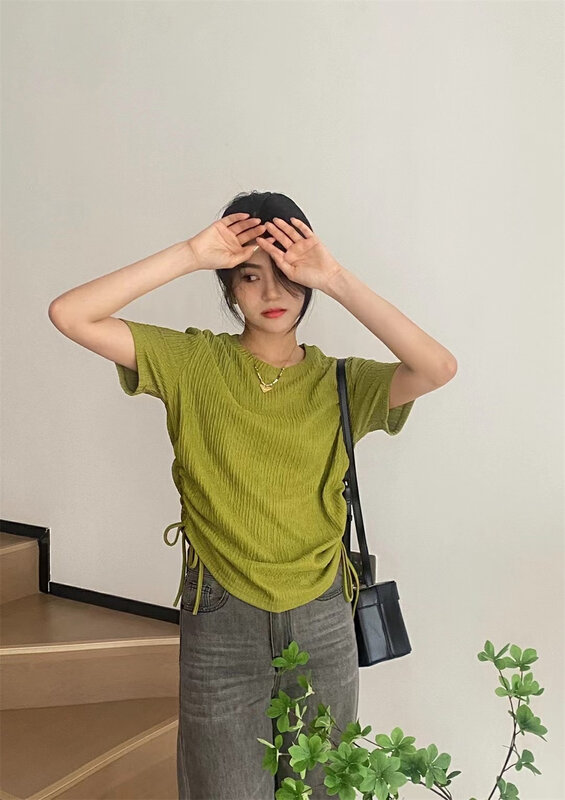 [CCJ] Korean round neck drawstring design Short Sleeve T-Shirt 8212 \hjy