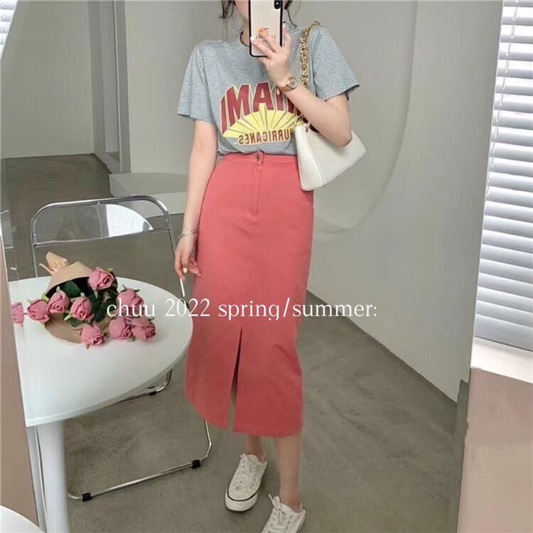 [chuu] letter printed short sleeved T-shirt + slit fashion skirt set 8168# HBx