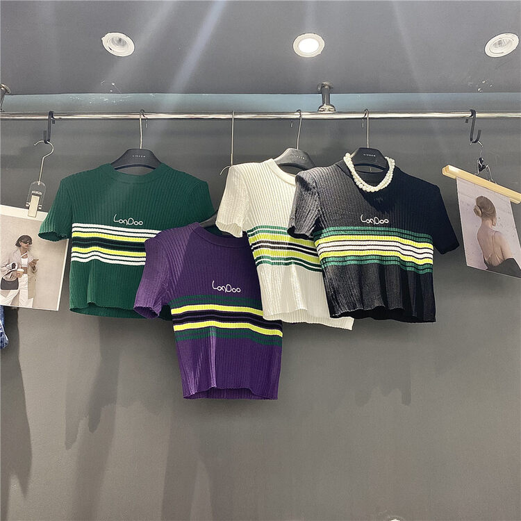 [ajroom] striped Korean letter T-shirt (excluding necklace) 7891\zxl