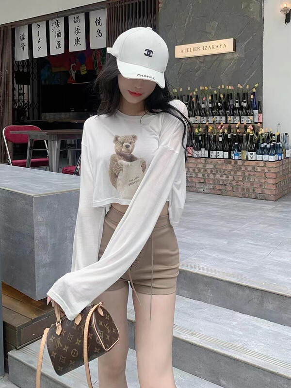 [Hello Miss] bear Print Long Sleeve T-Shirt + simple slim casual pants set 6289\pcz