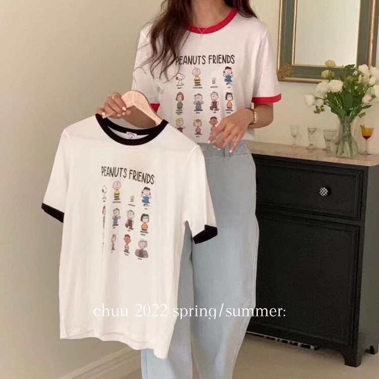 [chuu] Korean color contrast collar funny printed short sleeve T-shirt 61230 \hbx