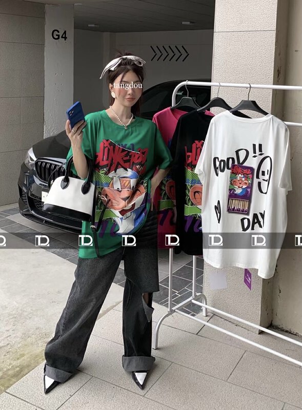 [tangdou original] cartoon printed loose short sleeve T-shirt 9828\wtt