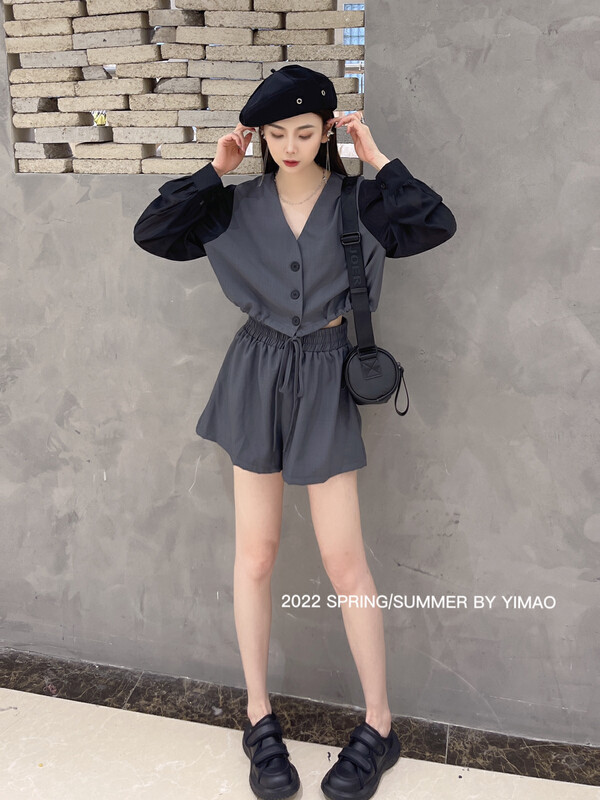 [Feimao (Yimao)] Korean color contrast sleeve button up blouse + slim skirt two piece suit z-4222\lsl