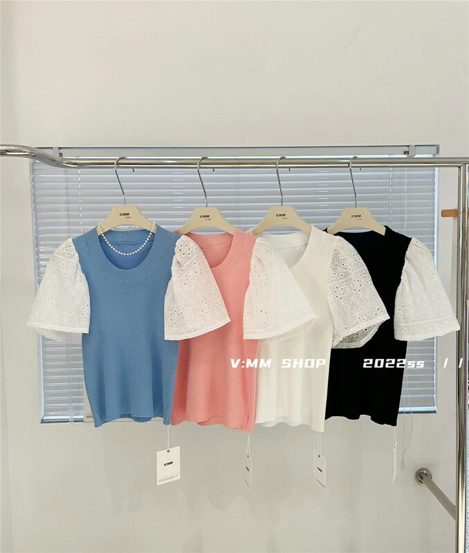 [v:mm] design contrast color bubble sleeve slim fitting blouse 88776# CLS